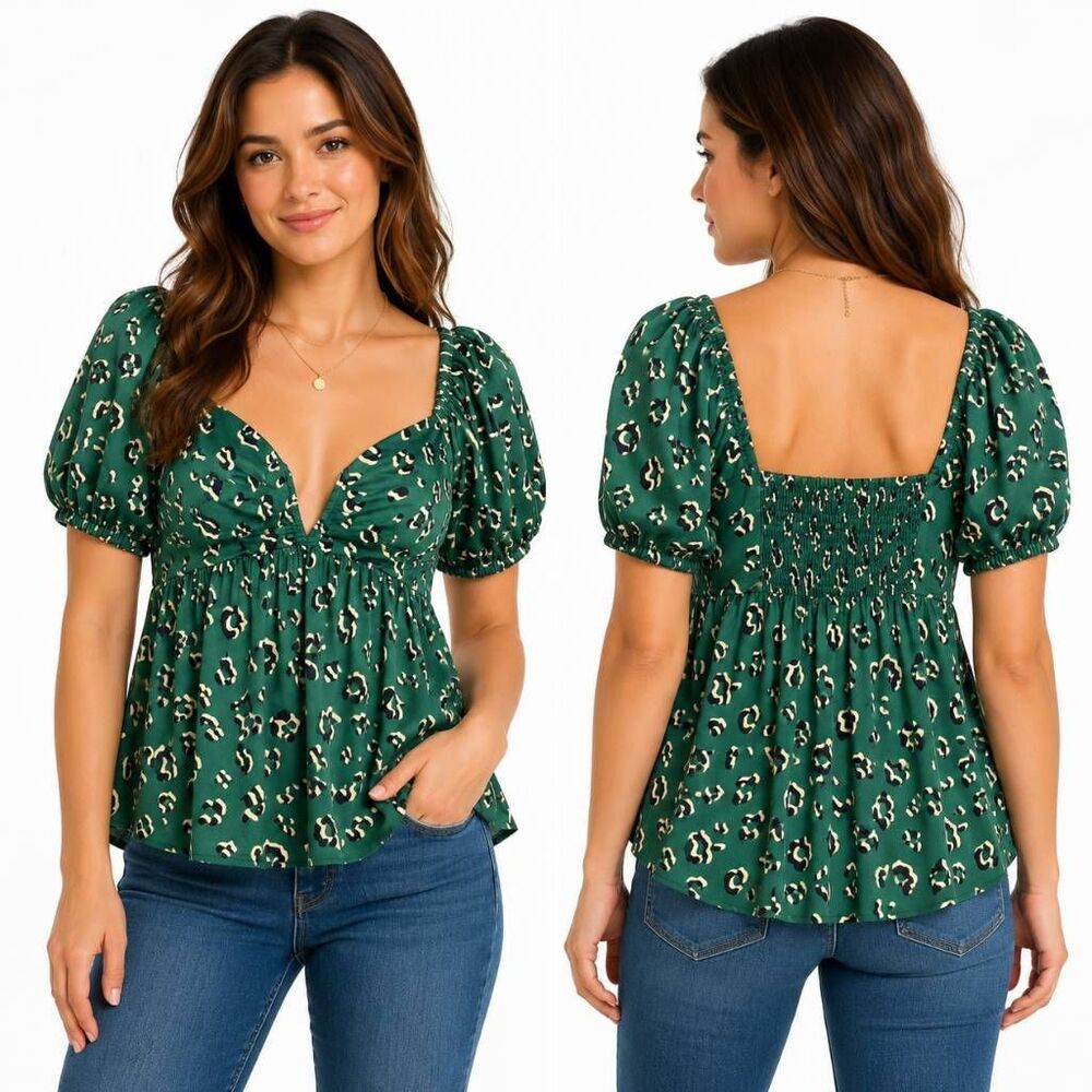 Entro Green Leopard Babydoll Top Small NWT